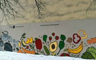 Owoce i warzywa namalowane sprayem na murze. Kilka namalowanych szarą farbą, reszta kolorową. Napis: W Polsce 1/3 żywności trafia do kosza! Marnując żywność, marnujesz planetę.