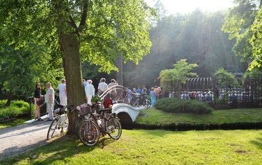 zieleń, rowery oparte o drzewo, ludzie stojący na alejce parkowej