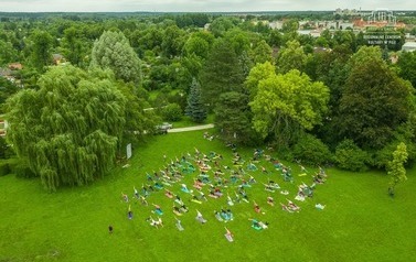 Grupa ludzi na karimatach wykonująca ćwiczenia z jogi. Stoją na kolorowych matach, wok&oacute;ł bardzo dużo zieleni: drzewa, krzewy i trawa. Wydarzenie odbywa się w parku, zdjęcie jest zrobione z lotu ptaka.
