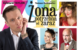 Kilka portret&oacute;w kobiet, dw&oacute;ch mężczyzn, kolorowe tła. Treść: Żona potrzebna od zaraz, reżyseria Tomasz Dutkiewicz