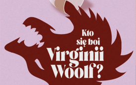 Grafika, r&oacute;żowe tło i kieliszek, czerwone wino wylane w kształcie wilka. Treść: Kto się boi Virginii Woolf?