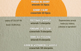 Muzeum Okręgowe w Pile zaprasza dzieci i młodzież na warsztaty. Wakacje w muzeum 2023. Gliniane wazoniki - 4 lipca (wtorek), Kawą malowane - 6 lipca (czwartek), Pudełka na skarby - 11 lipca (wtorek), Ozdoby z gliny - 13 lipca (czwartek), Poczt&oacute;wki z wakac