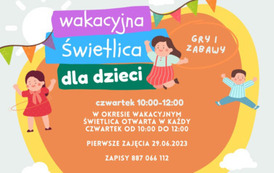 Kolorowe tło, wstążki, bawiące się dzieci. Wakacyjna świetlica dla dzieci, gry i zabawy. Czwartek 10.00 -12.00 w okresie wakacyjnym otwartwa w każdy czwartek od 10.00 do 12.00. Zapisy: 887 066 112