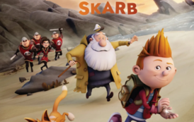 Plakat filmowy: Na pierwszym planie chłopiec z plecakiem, czymś błyszczącym w dłoni. Obok biegnie kot z kością w pysku, za nim starszy mężczyzna w płaszczu, z laską i w czapce marynarze. Za nimi czworo podobnie ubranych ludzi z mieczami i groźnymi minami,