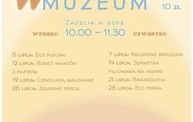 Ż&oacute;łte tło, treść: Muzeum Okręgowe w Pile zaprasza dzieci i młodzież na warsztaty. Informacja i zapisy pod numerem: 67 211 07 95. Wakacje w muzeum, koszt jednego spotkania: 10 złotych. Wtorki i czwartki w godzinach 10.00-11.30. 5 lipca: Eco plecaki, 7 lipc