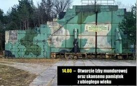 PLAKAT. Zdjęcie hangaru, treść: 13 maja 2023 roku, XVII dzień miłośnik&oacute;w munduru. Schron nr 4 dojazd od ulicy Wałeckiej. Dojazd autobusem z placu zwycięstwa od godziny 15.00, 16.00, 17.00. 14.00 - otwarcie izby mundurowej oraz skansenu pamiątek z ubiegłeg