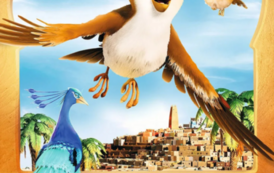 Rysiek syperwr&oacute;bel, niezły z niego ptaszek. Plakat promujący film animowany. Na pierwszym planie orientalne okno, w kt&oacute;rym widać miasto, niebo oraz kilka ptak&oacute;w w locie i chodzących po ziemi.