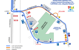 Schemat opisujący zmianę organizacji ruchu w rejonie cmentarza komunalnego.