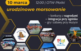 Grafika. Granatowe tło z ż&oacute;łtymi sześciokątnymi elementami. Na g&oacute;rze po lewej stronie w ż&oacute;łtej ramce jest granatowy napis: 10 marca. Obok biały napis: 12:00, OTW Płotki. Poniżej ż&oacute;łty napis: urodzinowe morsowanie. Po środku po prawej stronie są białe napi