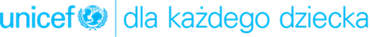 Logotyp, niebieski napis: UNICEF - dla każdego dziecka