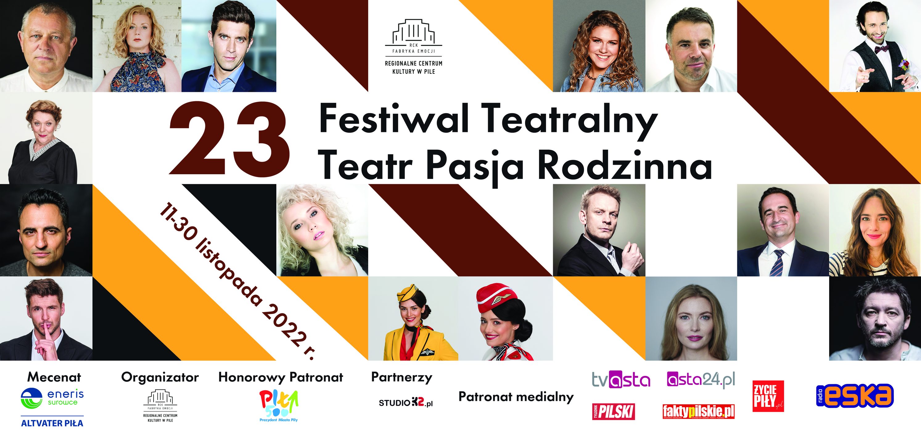 23. Festiwal Teatralny, teatr pasja rodzinna, 11-30 listopada 2022 r. , mozaika zdjęć twarzy różnych znanych osób