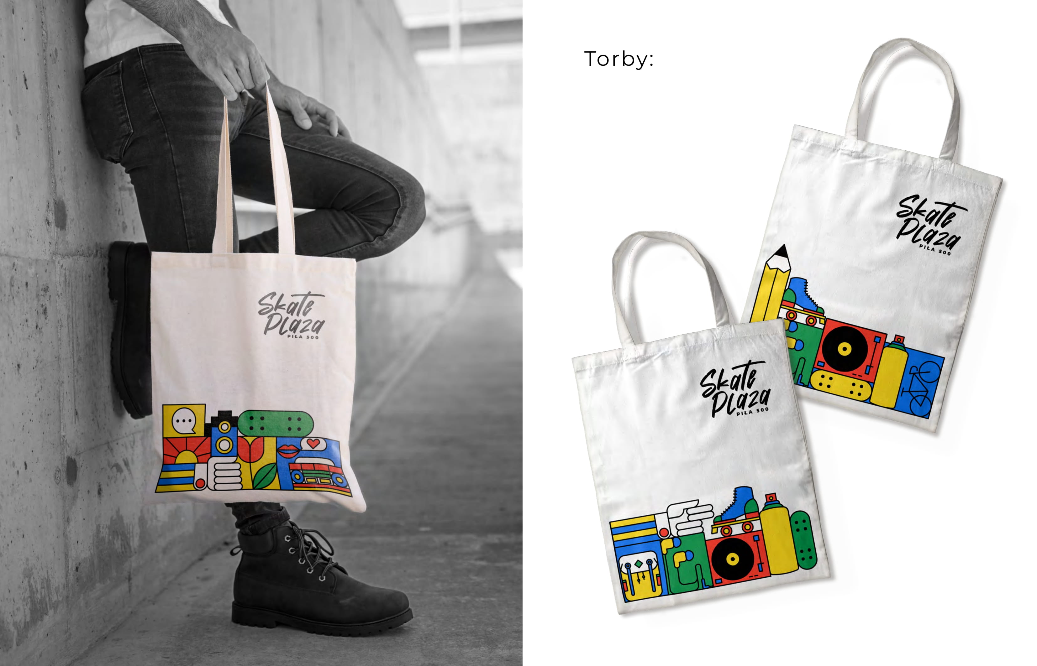 Skateplaza w pilskich barwach! Biała torba ekologiczna, na niej napis SkatePlaza Piła. Kolorowe, młodzieżowe elementy graficzne. Po prawej stronie sama wizualizacja torby, po lewej nogi człowieka opartego o mur, trzymającego tę torbę.