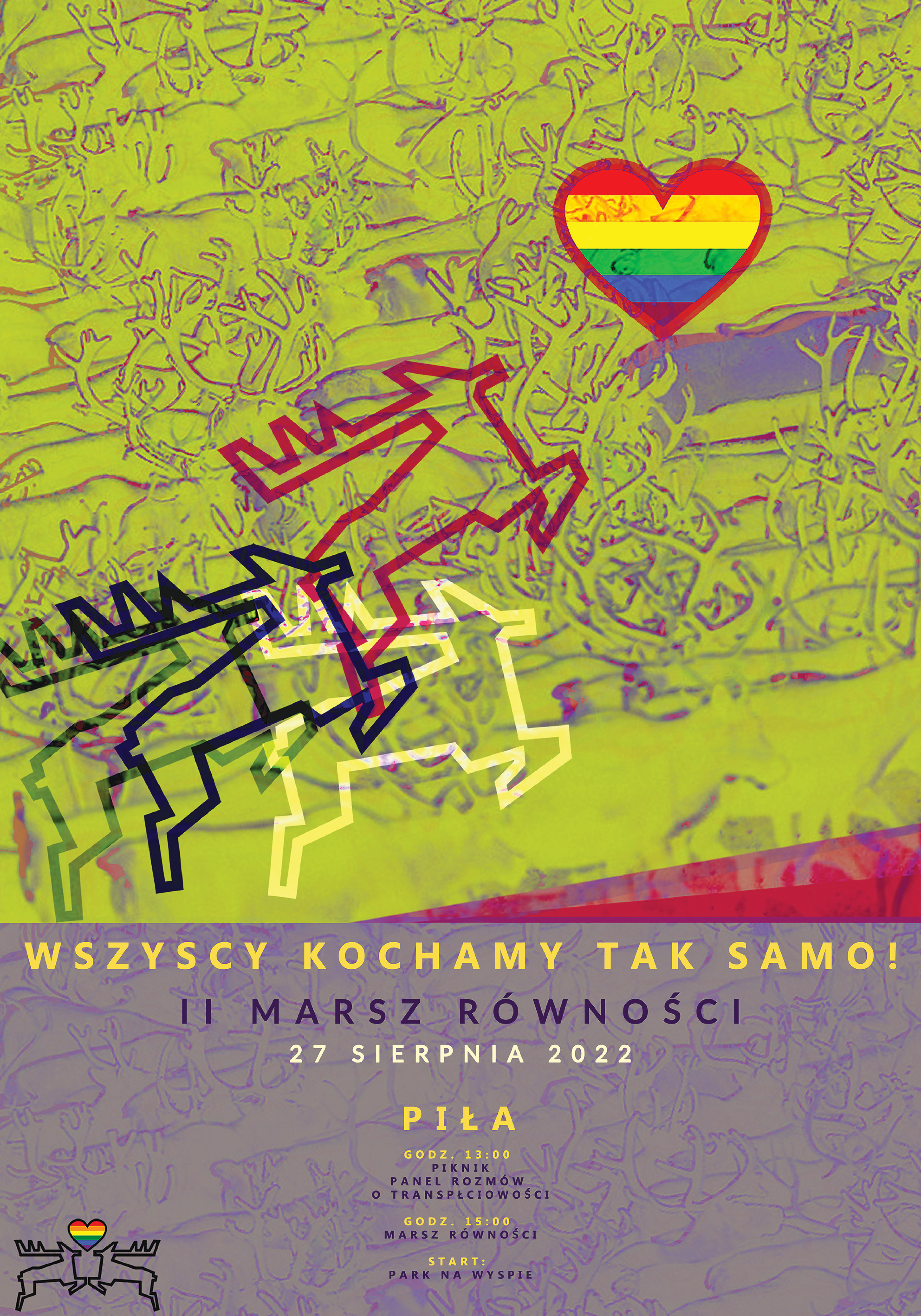 II Marsz Róności. Plakat. Tęczowe serce. Trzy graficzne zarycy jeleni w tęczowych barwach. wszyscy kochamy tak samo.