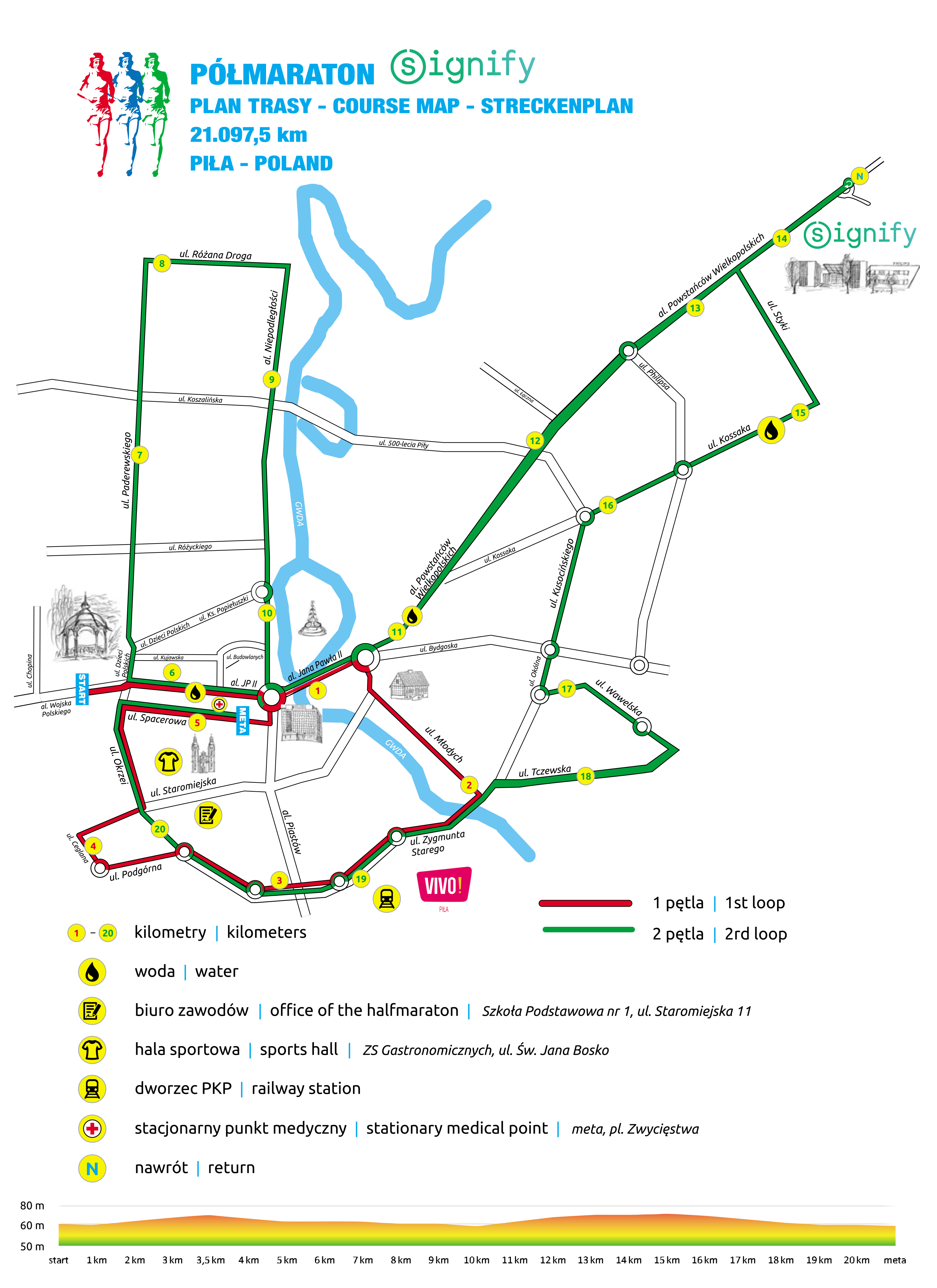Konferencja prasowa 31. Pólmaratonu Signify. Plan miasta z zaznacziną trasą pólmaratonu.