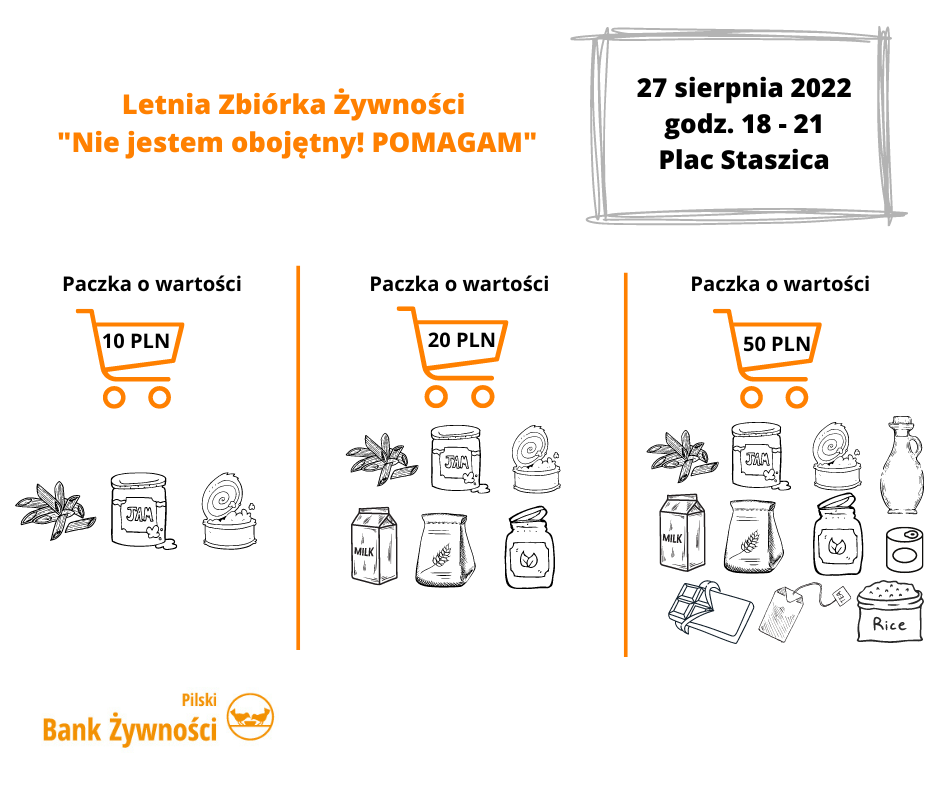 grafika grafika z koszami na zakupy i produktami , napis: letnia zbiórka żywności, Nie ejstem obojętny, pomagam, 27 sierpnia