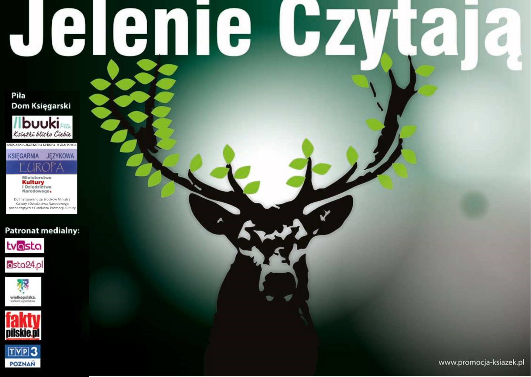 Grafika przedstawiająca sylwetkę jelenia, kt&oacute;remu z&nbsp;poroża wyrastają zieolone liście. Napis Jelenie czytają.