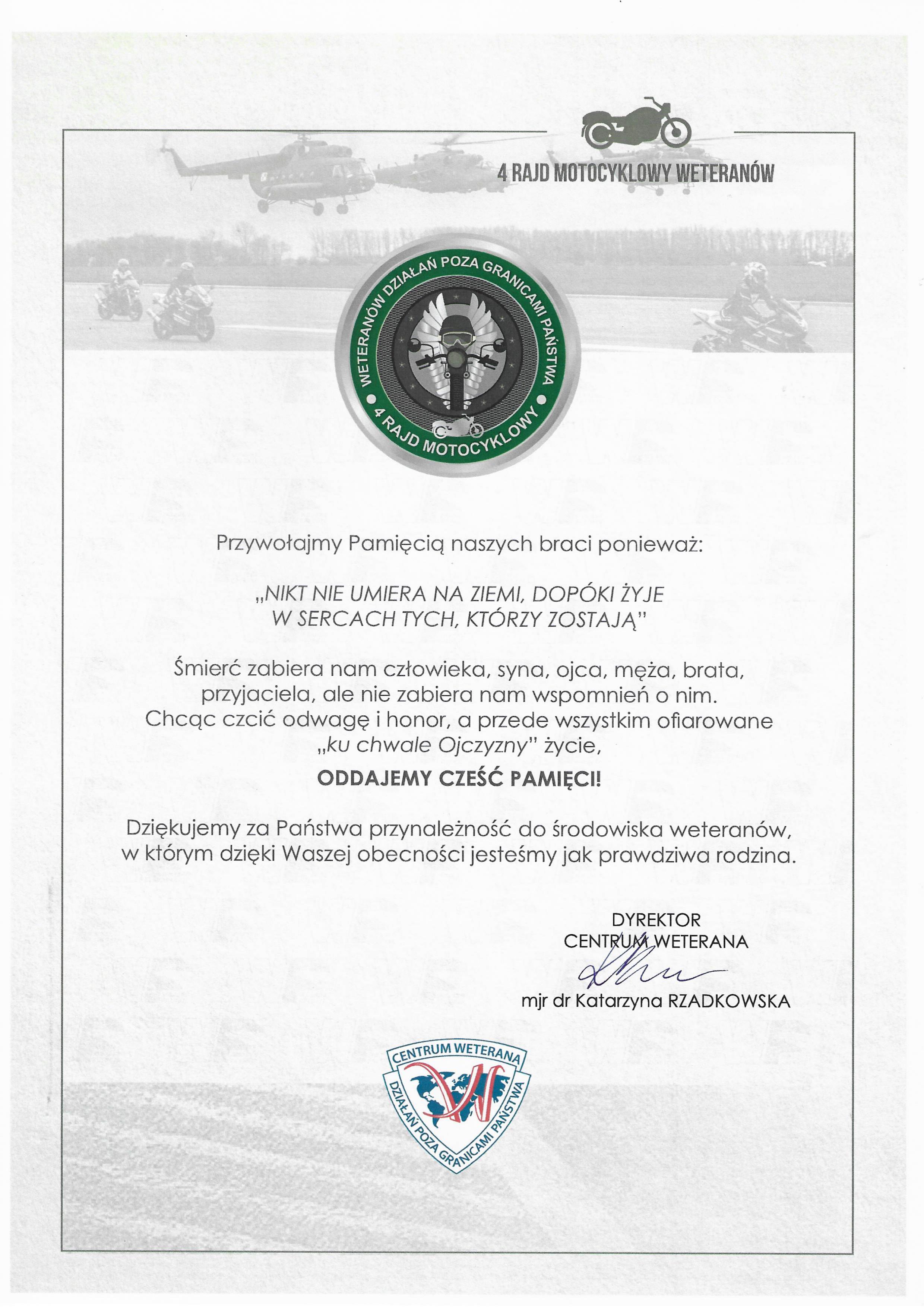 podziękowanie za udział w&nbsp;Rajdzie weterana