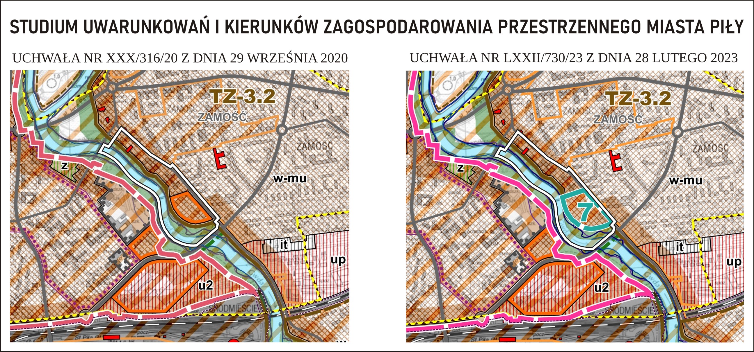 Rysunek planu przedstawiający studium uwarunkowań zagospodarowania przestrzennego miasta Piły w rejonie ulic Browarnej i Młodych.