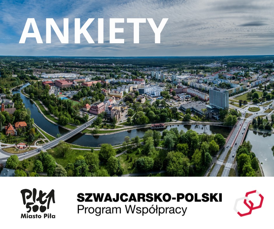 Zdjęcie miasta z&nbsp;lotu ptaka, napis: ANKIETY