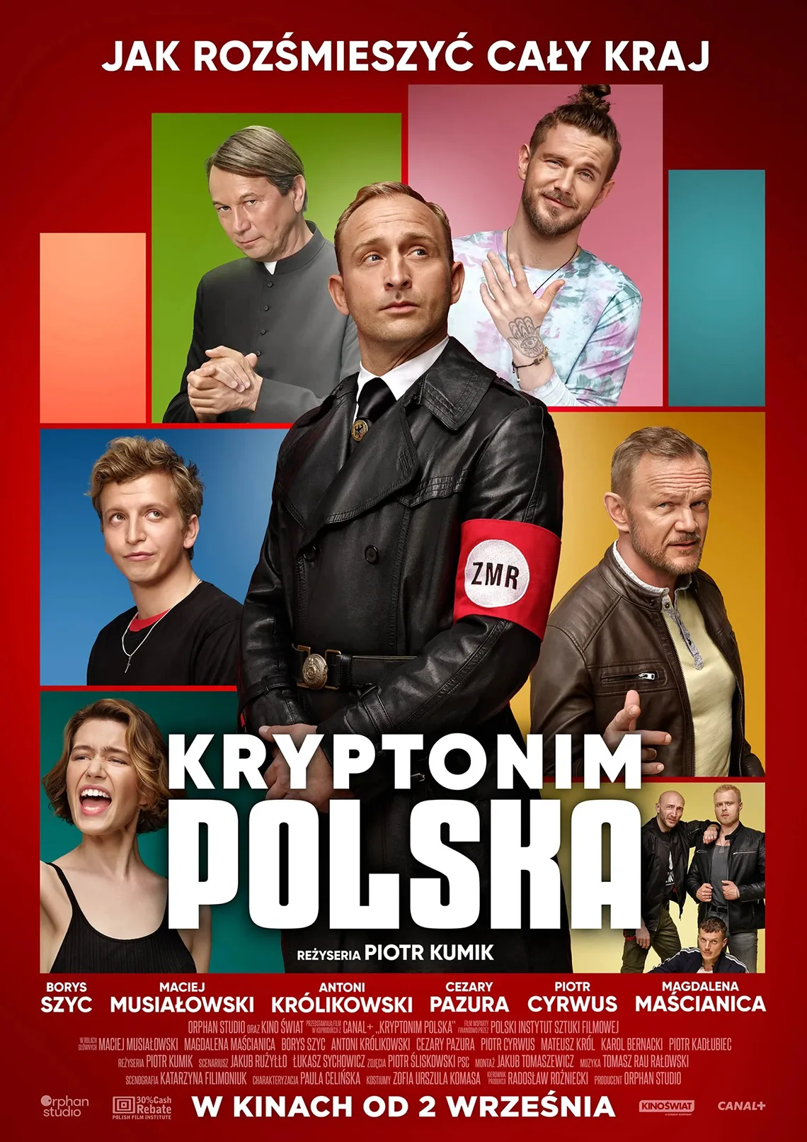 Kino przed hejnałem: Kryptonim Polska Plakat kinowy. Sześć zdjęć przedstawiających ludzi, na głównym planie mężczyzna. Treść: Kryptonim Polska, reżyseria: Piotr Komik. Borys Szyć, Maciej Musiałowski, Antoni Królikowski, Cezary Pazura, Piotr Cyrwus, Magdalena Maścianica.