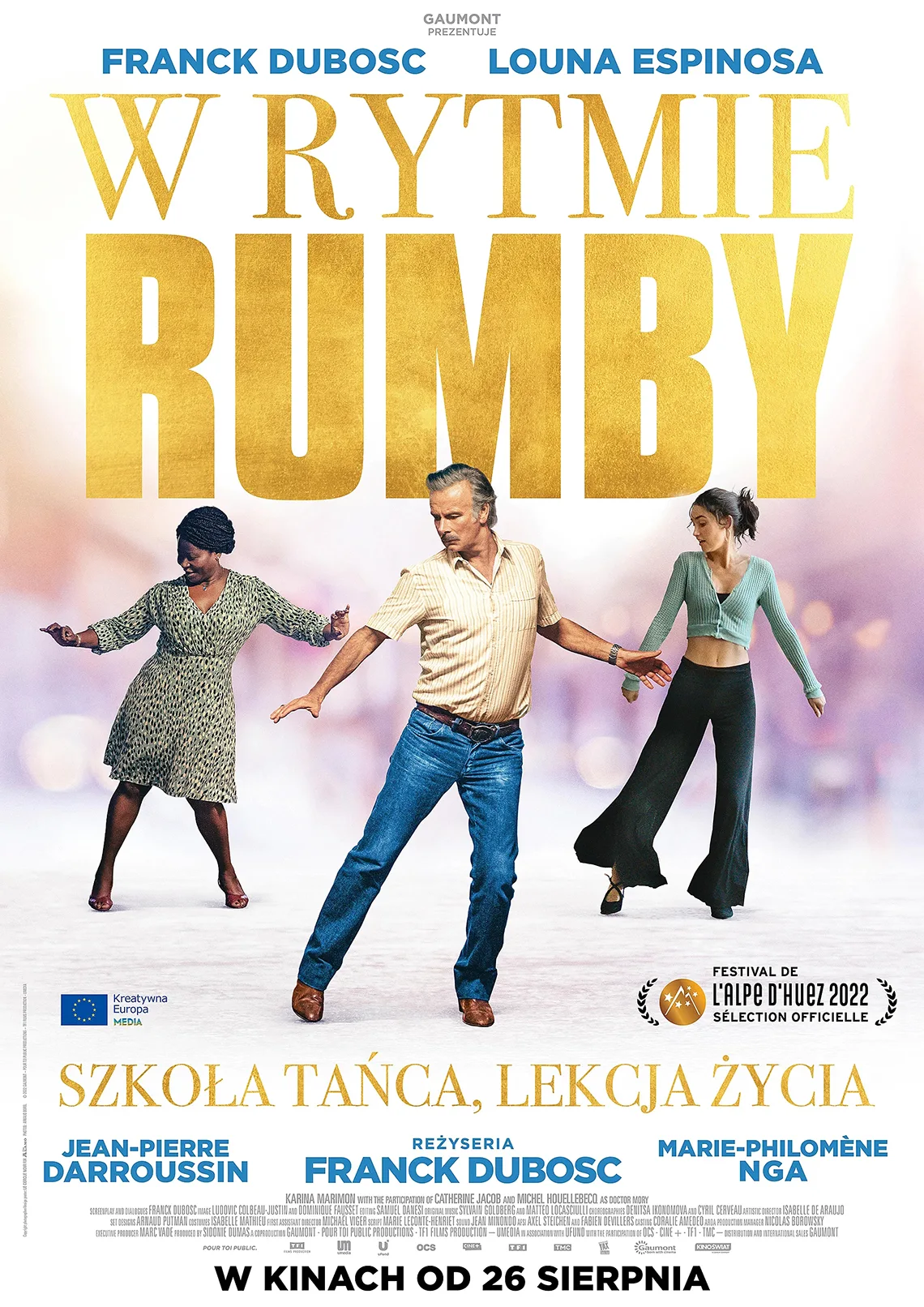 Kino przed hejnałem W rytmie rumby Dwie kobiety i mężczyzna tańczący. Treść: W rytmie rumby. Franck Dubosc, Louna Espinosa. Szkoła tańca, lekcja życiowa, reżyseria Franck Dubosc.