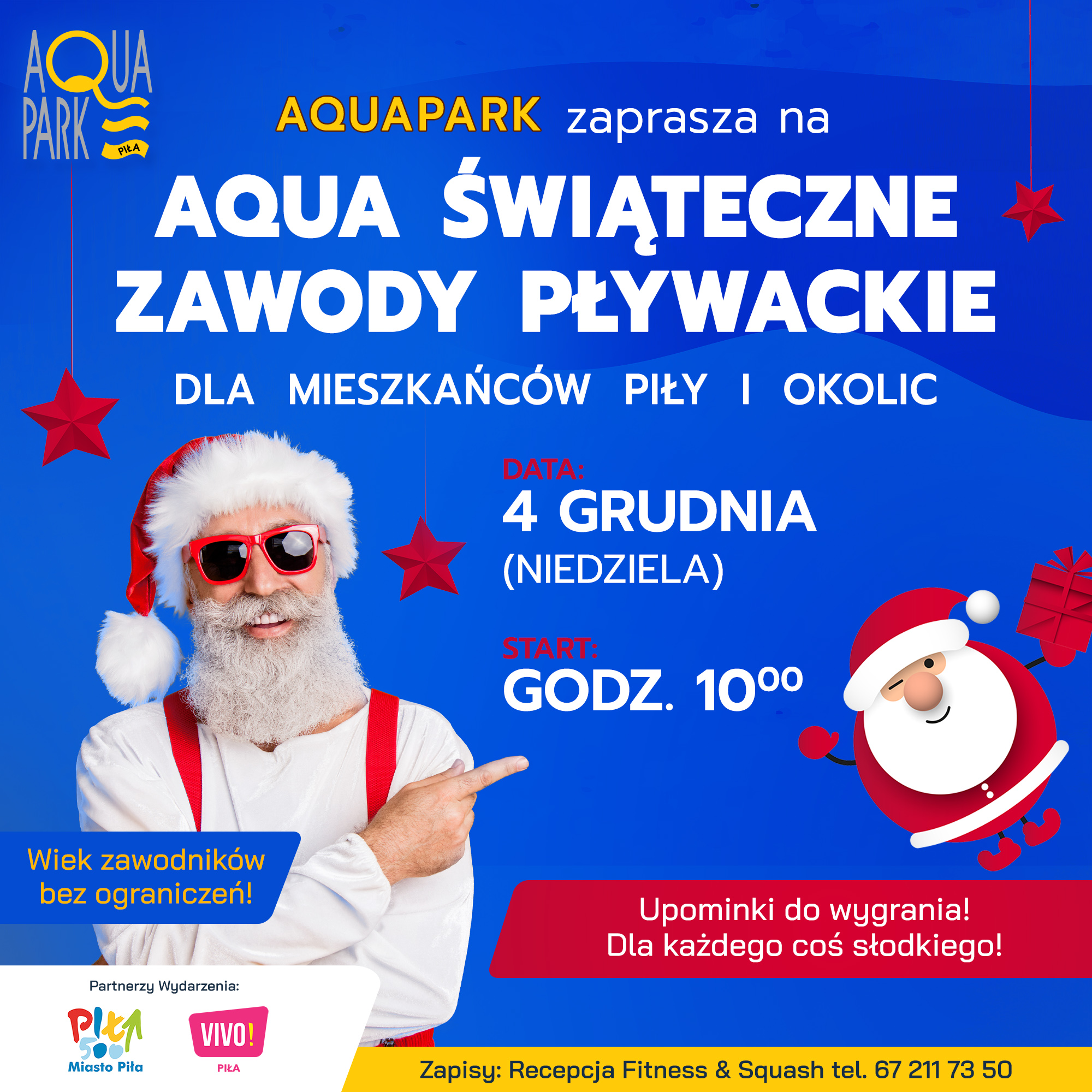Aqua Świąteczne Zawody Pływackie Mężczyzna w stroju świętego mikołaja. Treść: Aquapark zaprasza na aqua świąteczne zawody pływackie dla mieszkańców Piły i okolic, data: 4 grudnia niedziela, start: godzina 10.00, Wiek zawodników bez ograniczeń. Upominki do wygrania, dla każdego coś słodkiego.Partnerzy: Miasto Piła, Vivo! AquaparkPiła