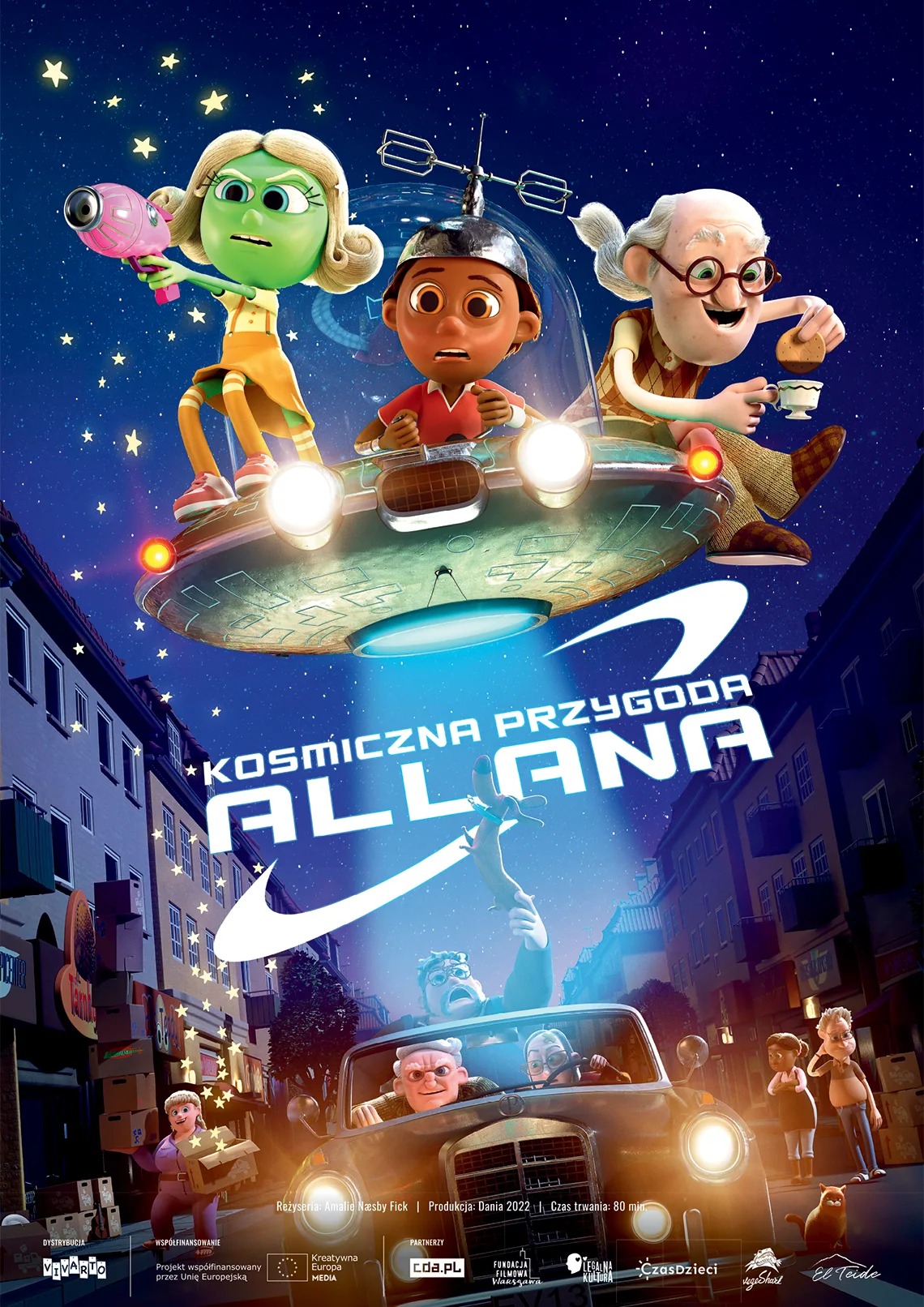 Kino przed hejnałem: Kosmiczna przygoda Allana Plakat filmu animowanego, spodek kosmiczny a na nim trzy postacie, jedna z nich zielona. Poniżej miasto i inni ludzie goniący spodek. Treść Kosmiczna przygoda Allana.