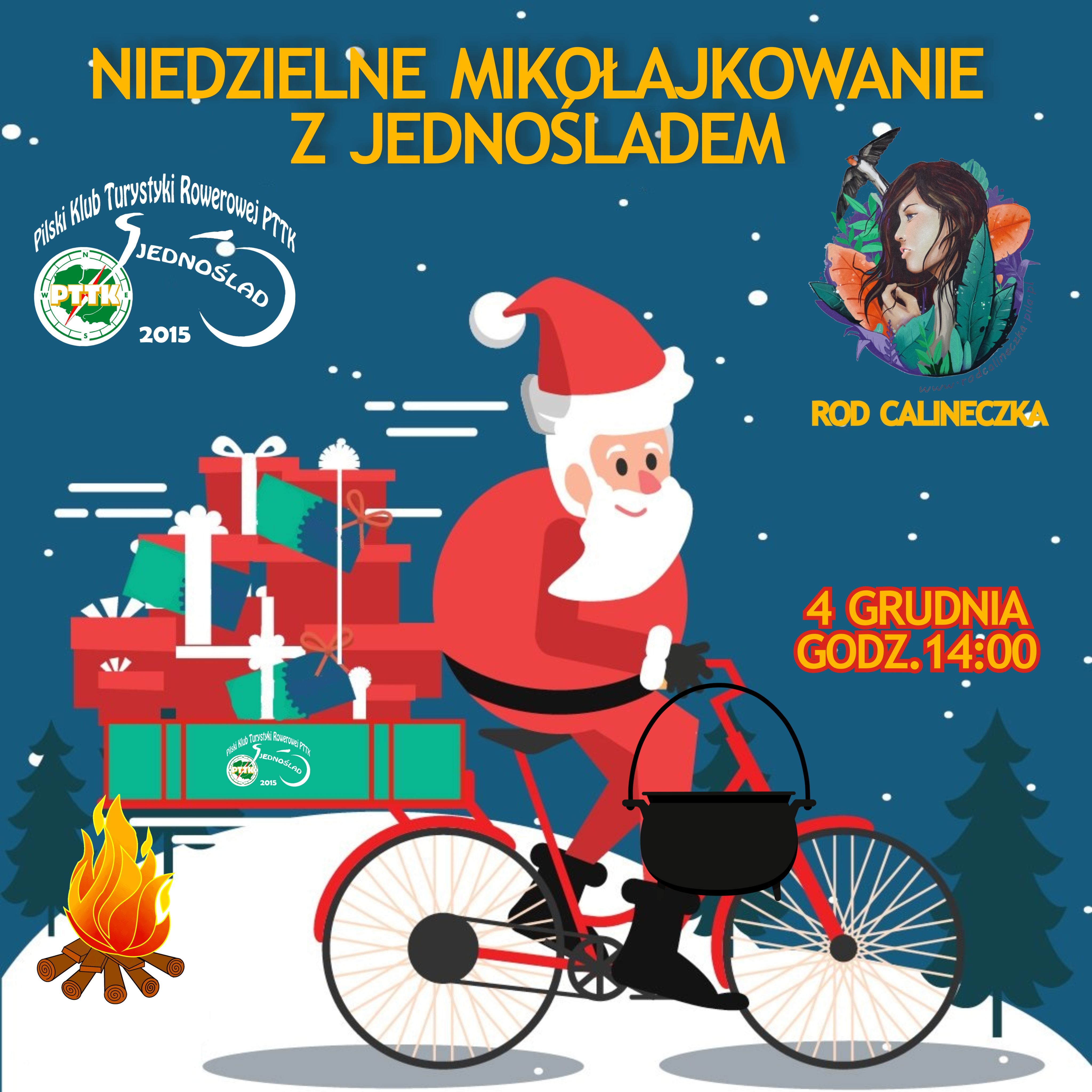 Mikołaj na rowerze, za nim sanie z prezentami, napis: Niedzielne  mikołajkowanie z Jednośladem, 4 grudnia godzina 14:00;, logotypy