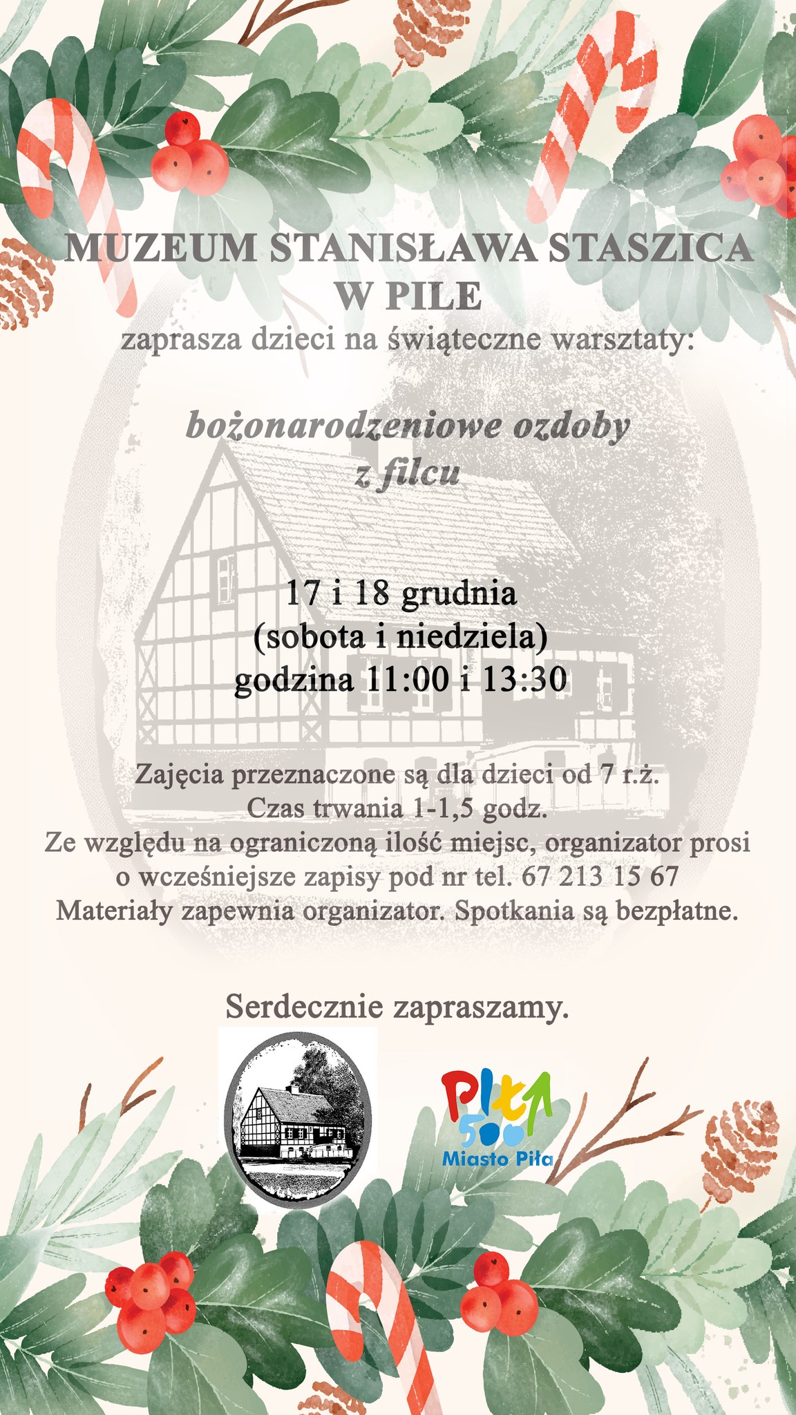 grafika, ozdoby świąteczne - napis Muzeum Stanisława Staszic zaprasza 17i 18 zaprasza na&nbsp;świąteczne warsztaty bożonarodzeniowe ozdoby z&nbsp;filcu, zajęcia dla dzieci od 7 roku życia, wcześniejsze zapisy