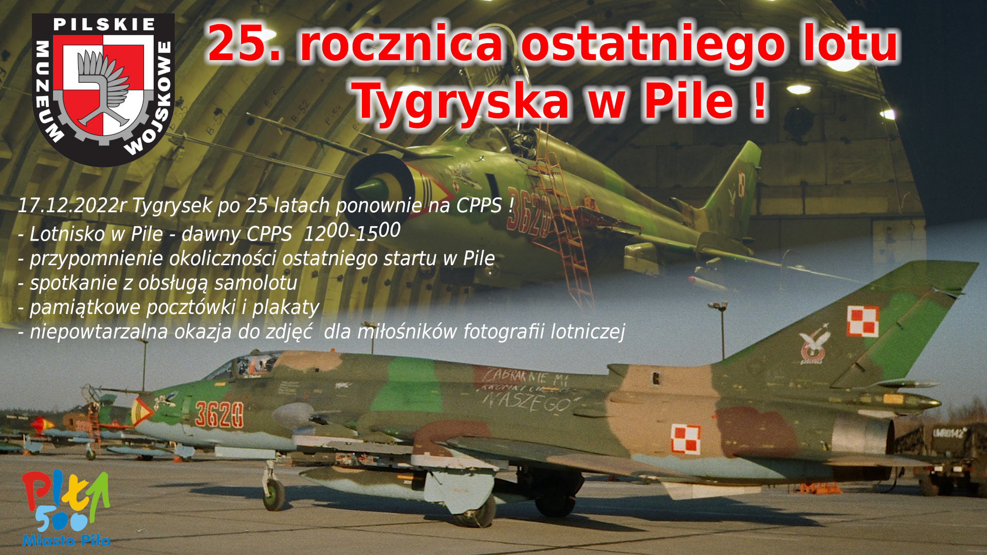 plakat grafika na tle zdjęcia samolotu napis: 25 rocznica ostatniego lotu tygryska, opis wydarzenia