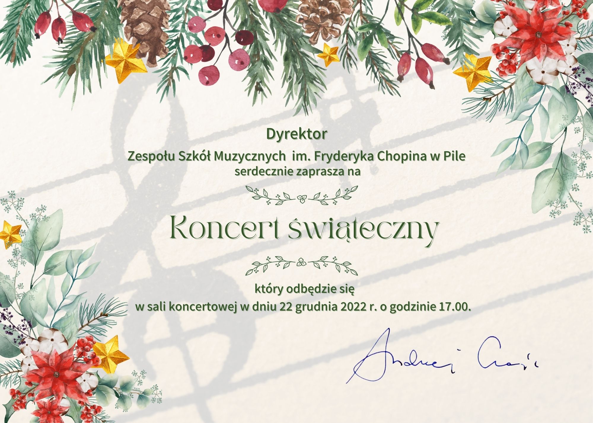 elementy świąteczne, zaproszenie na koncert świąteczny  w szkole muzycznej, podpis dyrektora