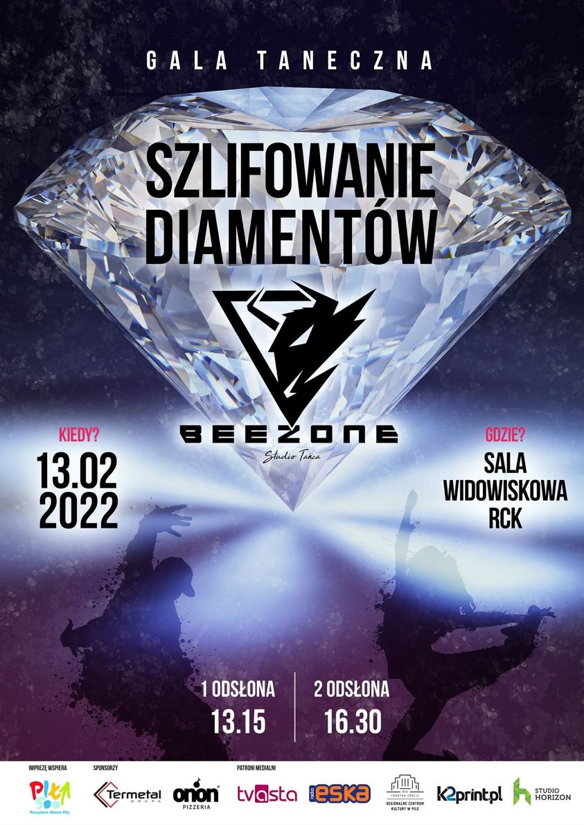 grafika diamentu, napis: 13 lutego, godzina 13:15, 16:30, Sala widowiskowa RCK., logotypy na pasku dolnym