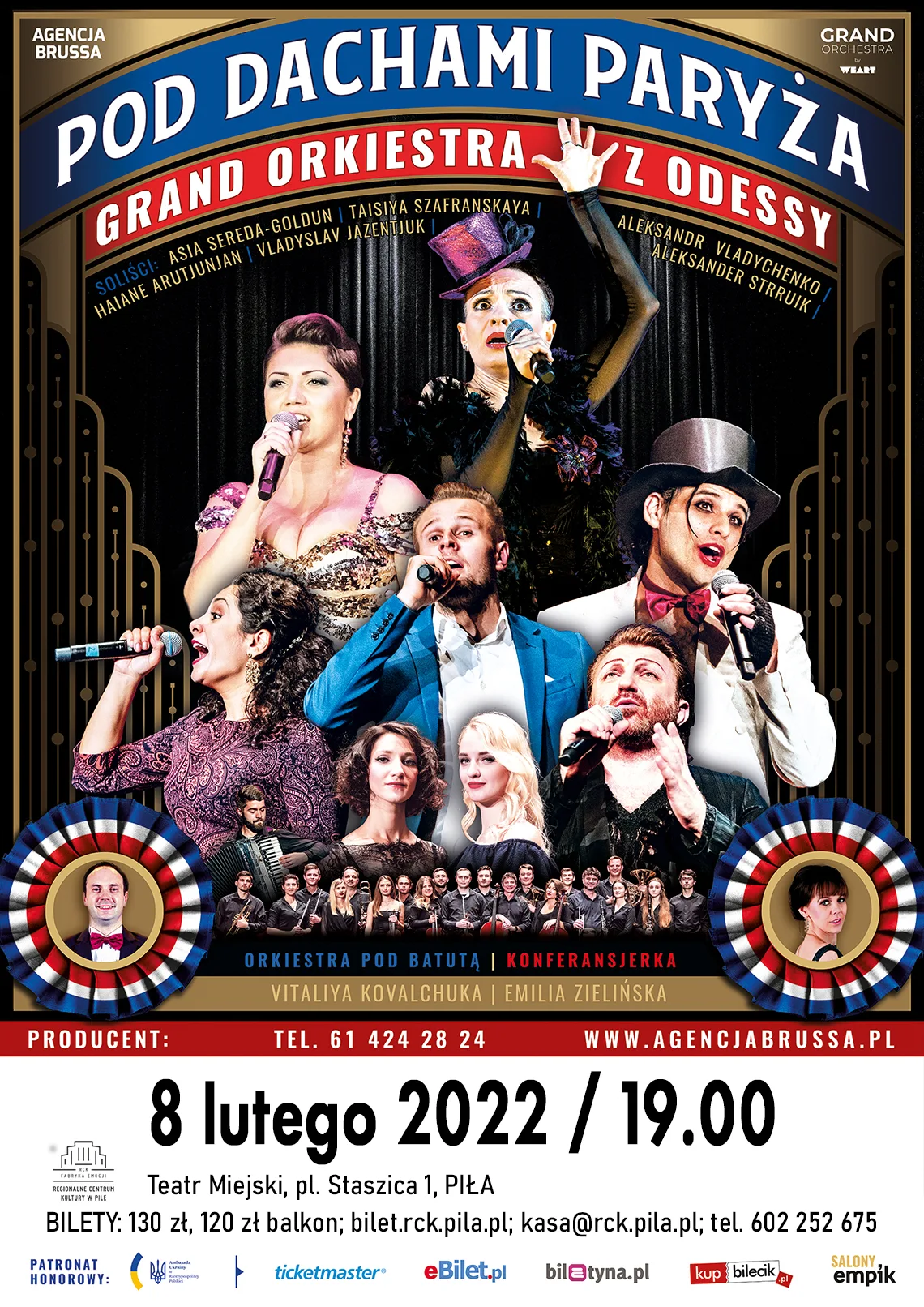 Pod dachami Paryża, grand orkiestra z Odessy, 8 lutego 2022, godz. 19.00. Teatr Miejski, pl. Staszica 1 Piła, bilety 130, 120 złotych. Na zdjęciu grupa śpiewaków oraz orkiestra.