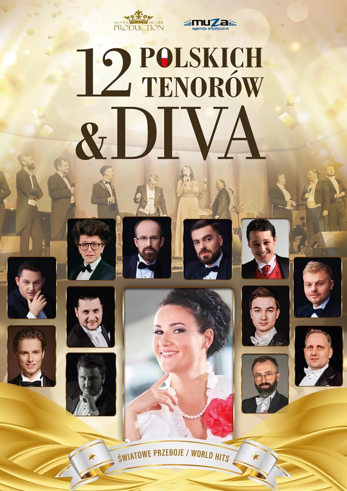 12 polskich tenorów i Diva, światowe przeboje, world hits. Na zdjęciach portrety 13 postaci, 12 mężczyzn w garniturach i kobieta.