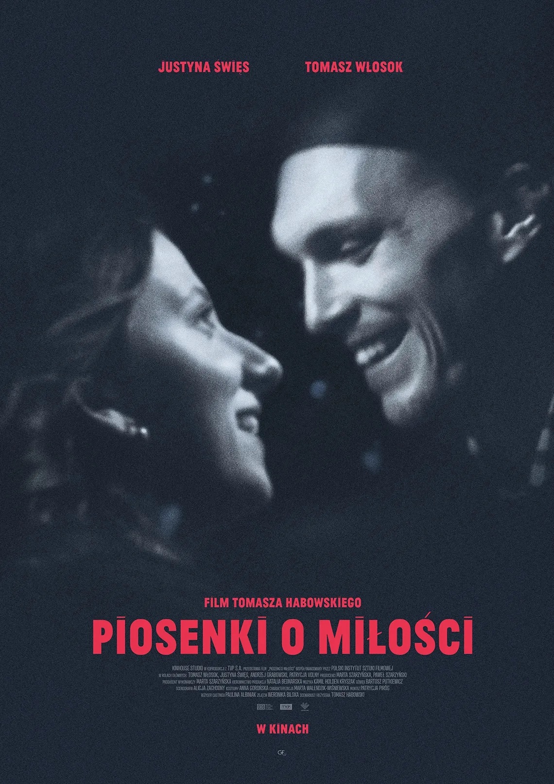 Piosenki o miłości Czarno-biały plakat, dwie postaci kobiety i mężczyzny patrzące na siebie. Treść: Justyna Święs, Tomasz Włosek,film Tomasza Dąbrowskiego Piosenki o miłości.