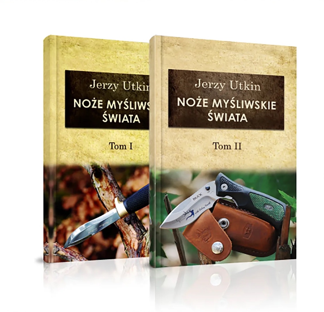 Jerzy Utkin - Noże myśliwskie świata Dwie książki w żółtej i beżowej oprawie, treść: Jerzy Utkin Noże Myśliwskie Świata, Tom 1, tom 2