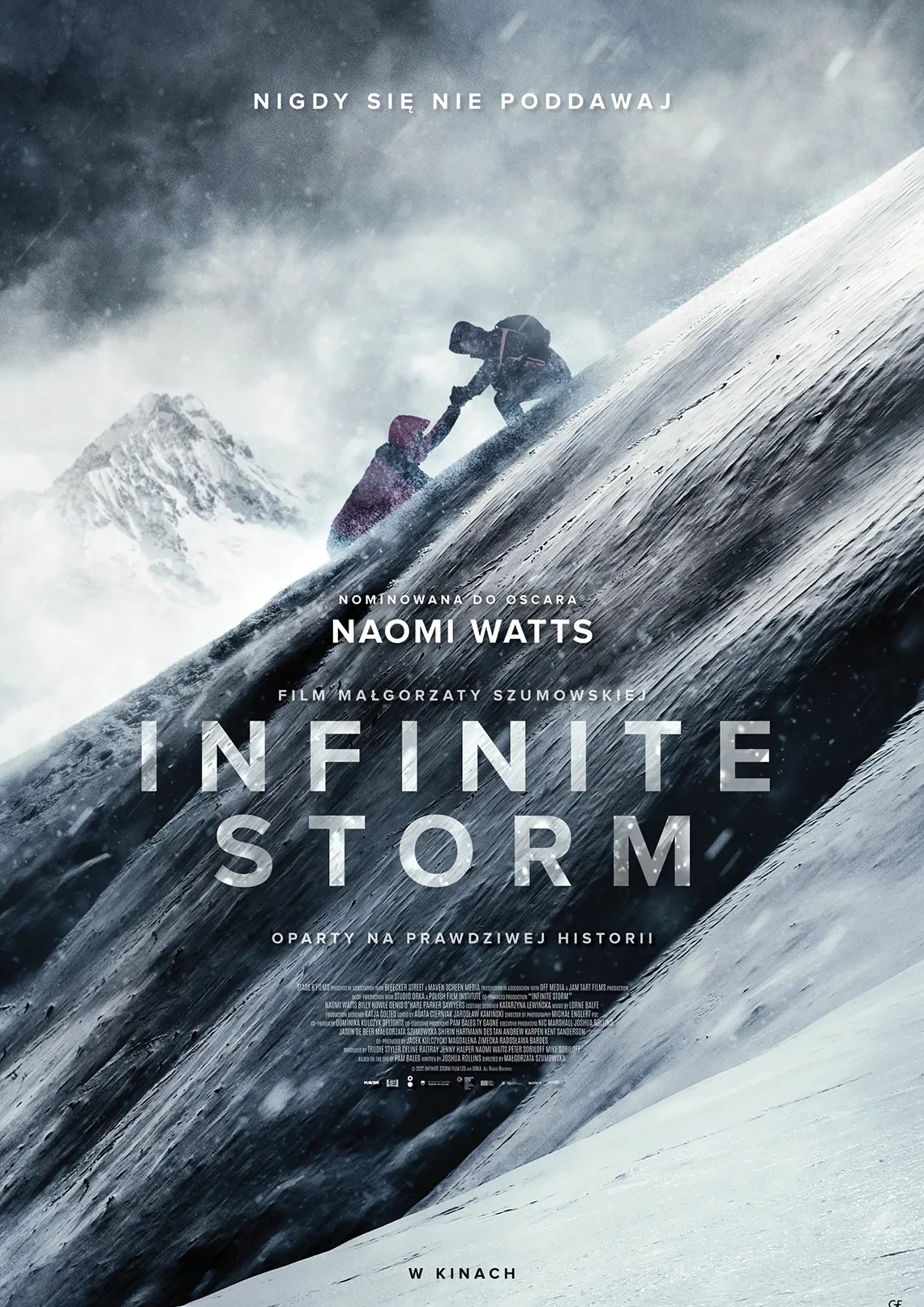 Dwie postaci wchodzące na górki szczyt w trudnych warunkach. Treść: Nigdy się nie poddawaj. Nominowana na OScara Naomi Watts film Małgorzaty Szumowskiej Infinite Storm oparty na prawdziwej historii.