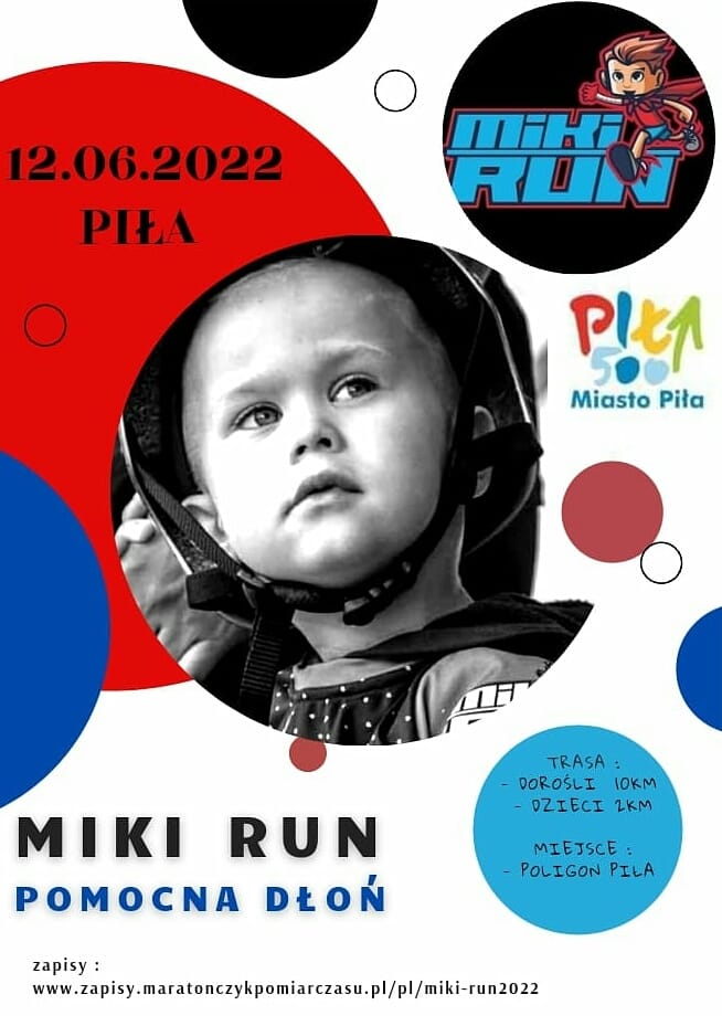 kolorowe koła, w czerwonym napis 12.06.2022, w jednym z kół zdjęcie dziecka, logo MIKI RUN