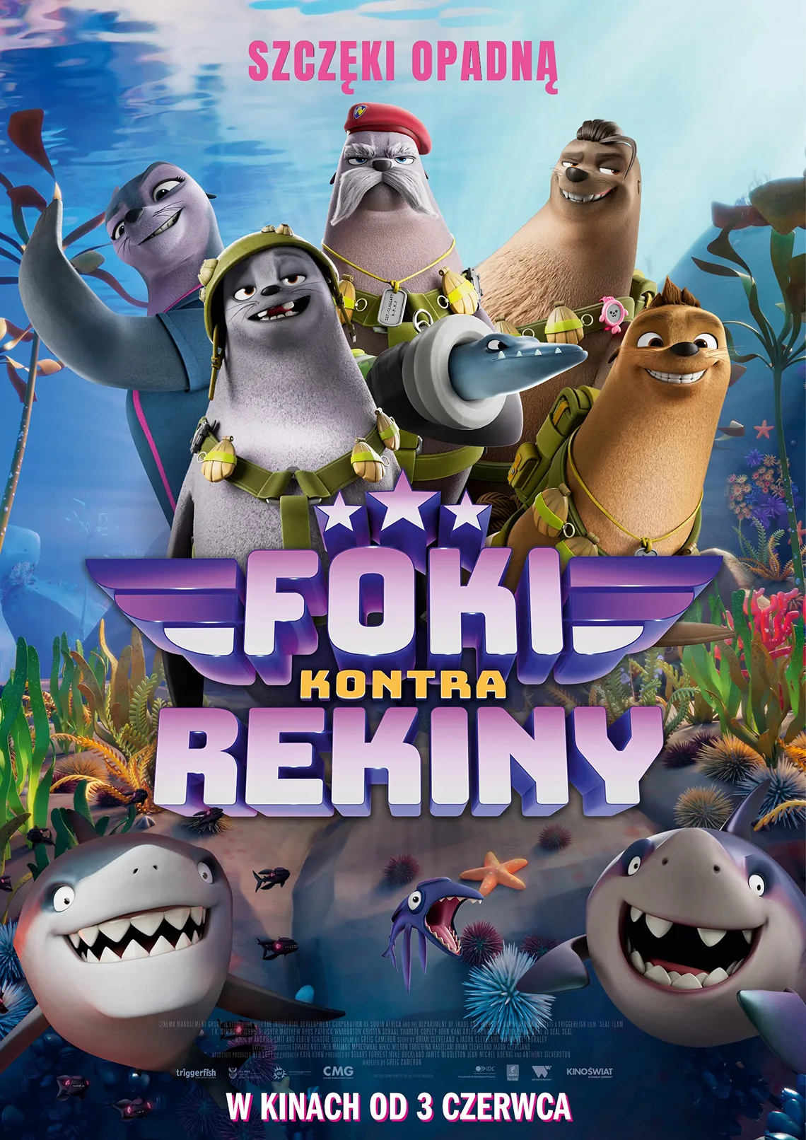 Plakat kinowy, treść: szczęki opadną, foki kontra rekiny. Na grafice pięć fok, każda ma amunicję z muszli, beret generała, kask. Wśród nich krokodyl, poniżej dwa rekiny, małe ryby, rośliny morskie.