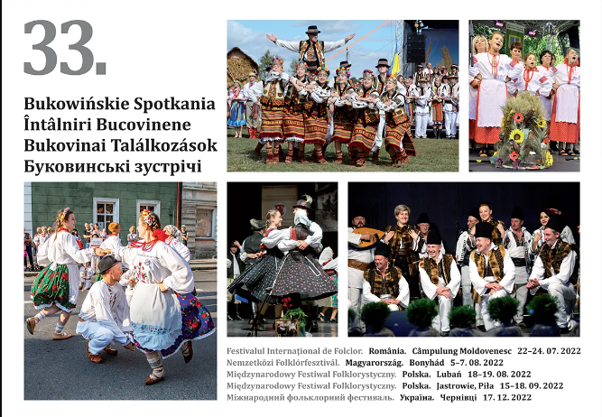 Plakat informujący o&nbsp;33. Festiwalu Bukowińskie Spotkania. Na zdjęciach zespoły ludoe.