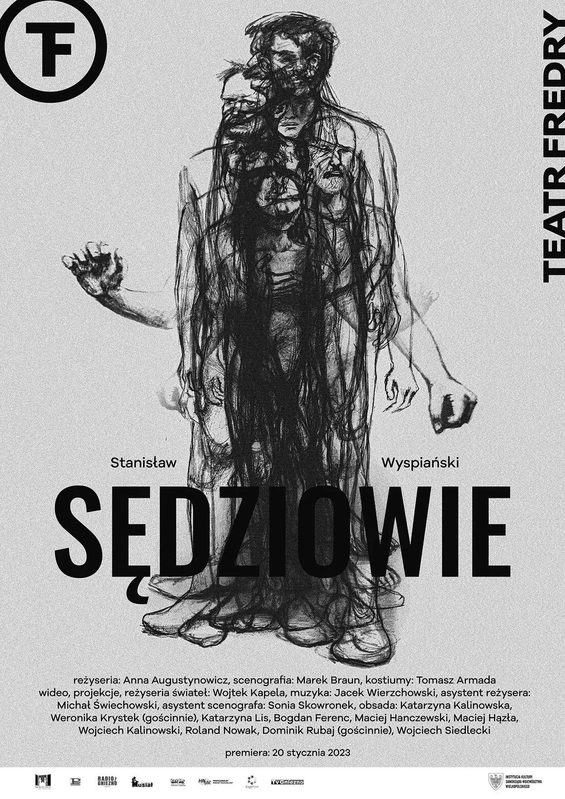 Czarna postać narysowana na&nbsp;szarym tle. Treść: Sędziowie, Stanisław Wyspiański, teatr Fredry.