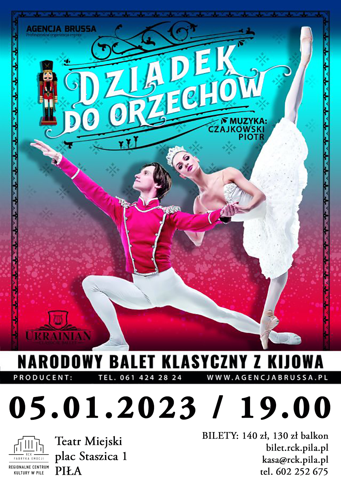 Dziadek do orzechów Kobieta i mężczyzna, para tańcząca balet. Treść: Dziadek do orzechów, muzyka: Czajkowski Piotr. Narodowy Balet Klasyczny z Kijowa. 5 stycznia godzina 19.00 . Teatr Miejski, plac Staszica 1 Piła.