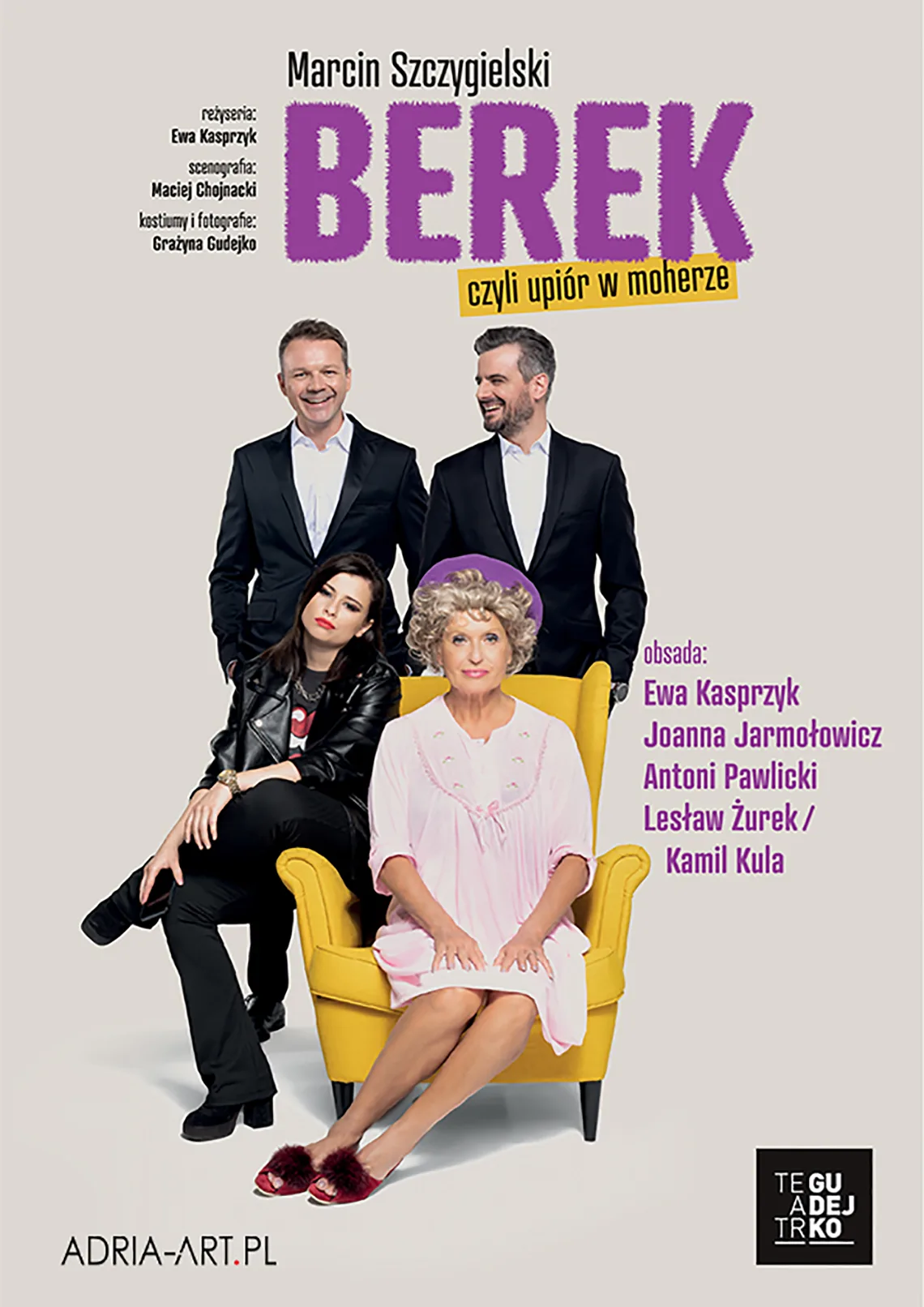 Starsza i&nbsp;młoda kobieta, dwóch mężczyzn. Treść: Marcin Szczygielski, Berek czyli upiór w&nbsp;moherze. Obsada: Ewa Kasprzyk, Joanna Jarmołowicz, Antoni Pawlicki, Lesław Żurek / Kamil Kula