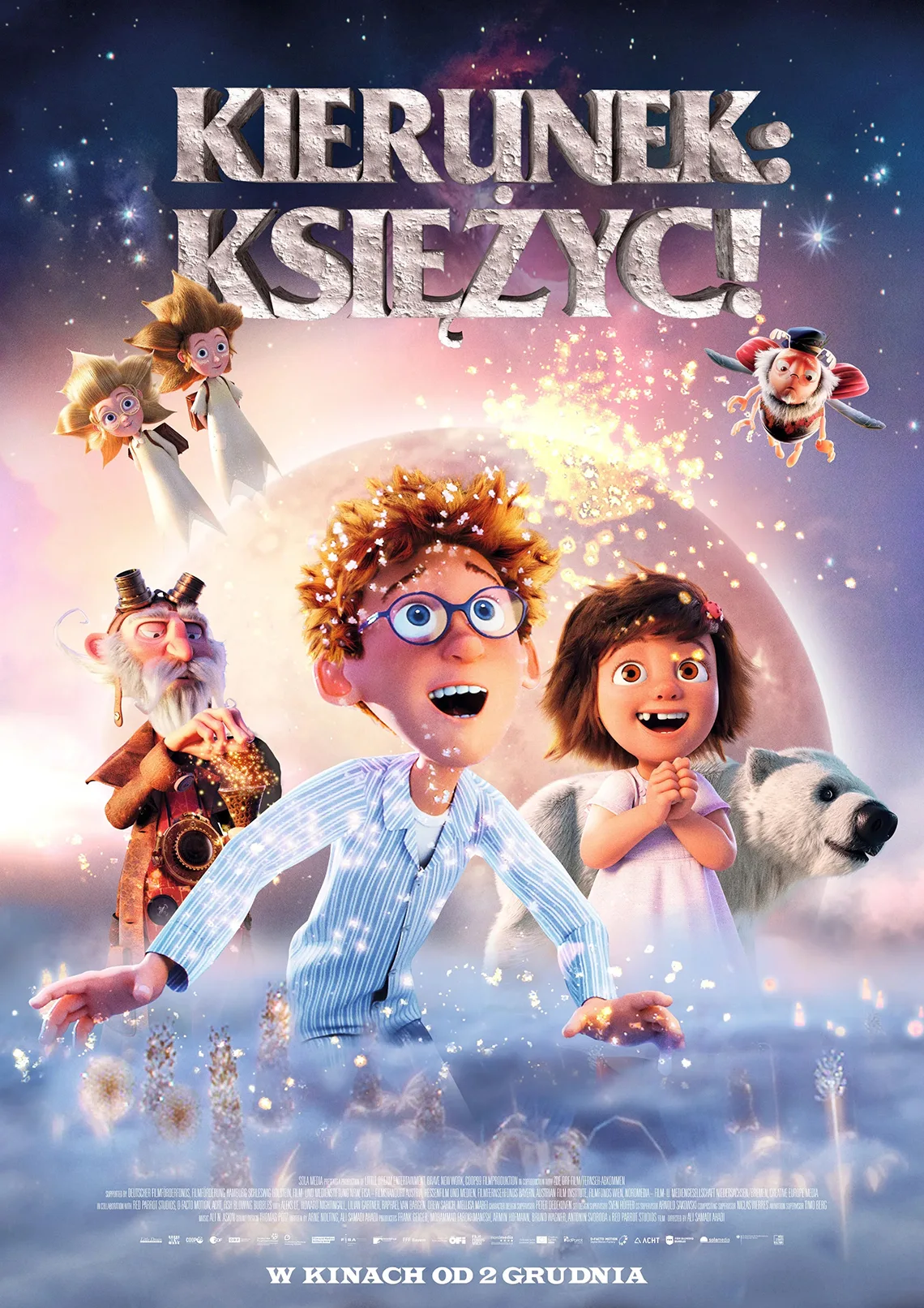 Księżyc, na pierwszym planie chłopiec w piżamie, za nim dziewczynka, niedźwiedź polarny, trzy inne bajowe postacie i owad. Treść: Kierunek księżyc.