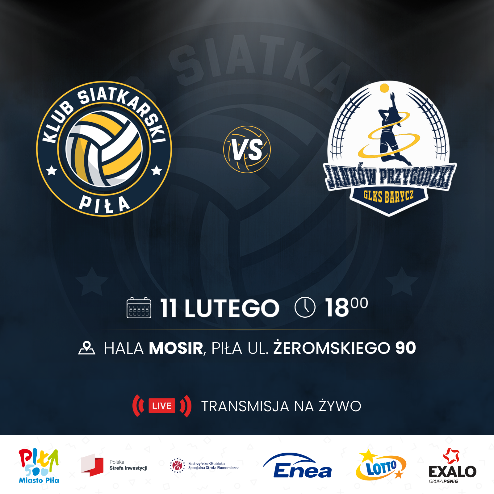 Mecz siatkarski KS Piła vs. Janków Przygodzki GLKS Barycz; 11 lutego 2023, godzina 18.00 hala MOSiR Piła, ulica Żeromskiego 90. Transmisja na żywo.