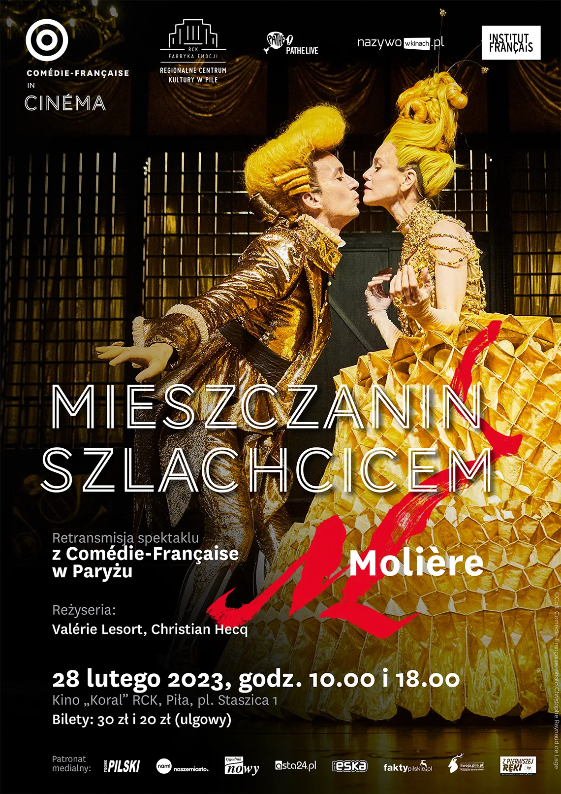 Mieszczanin szlachcicem Para w szlacheckich strojach, zwrócona do siebie twarzami. Treść: Mieszczanin szlachcicem, retransmisja spektaklu z Comedie-Francaise w Paryżu. 28 lutego 2023, godzina 10.00 i 18.00 Kino Koral RCK, Piła plac Staszica 1, bilety: 30 i 20 złotych.