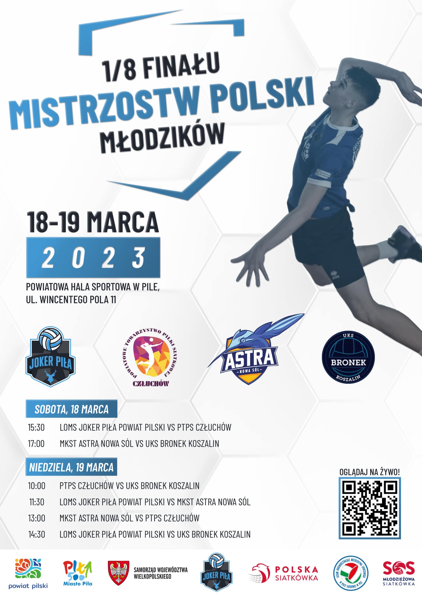 1/8 finału Mistrzostwa Polski Młodzików 18-19 marc 2023, Powiatowa Hala Sportowa w Pile, ul. Wincentego Pola 11. 