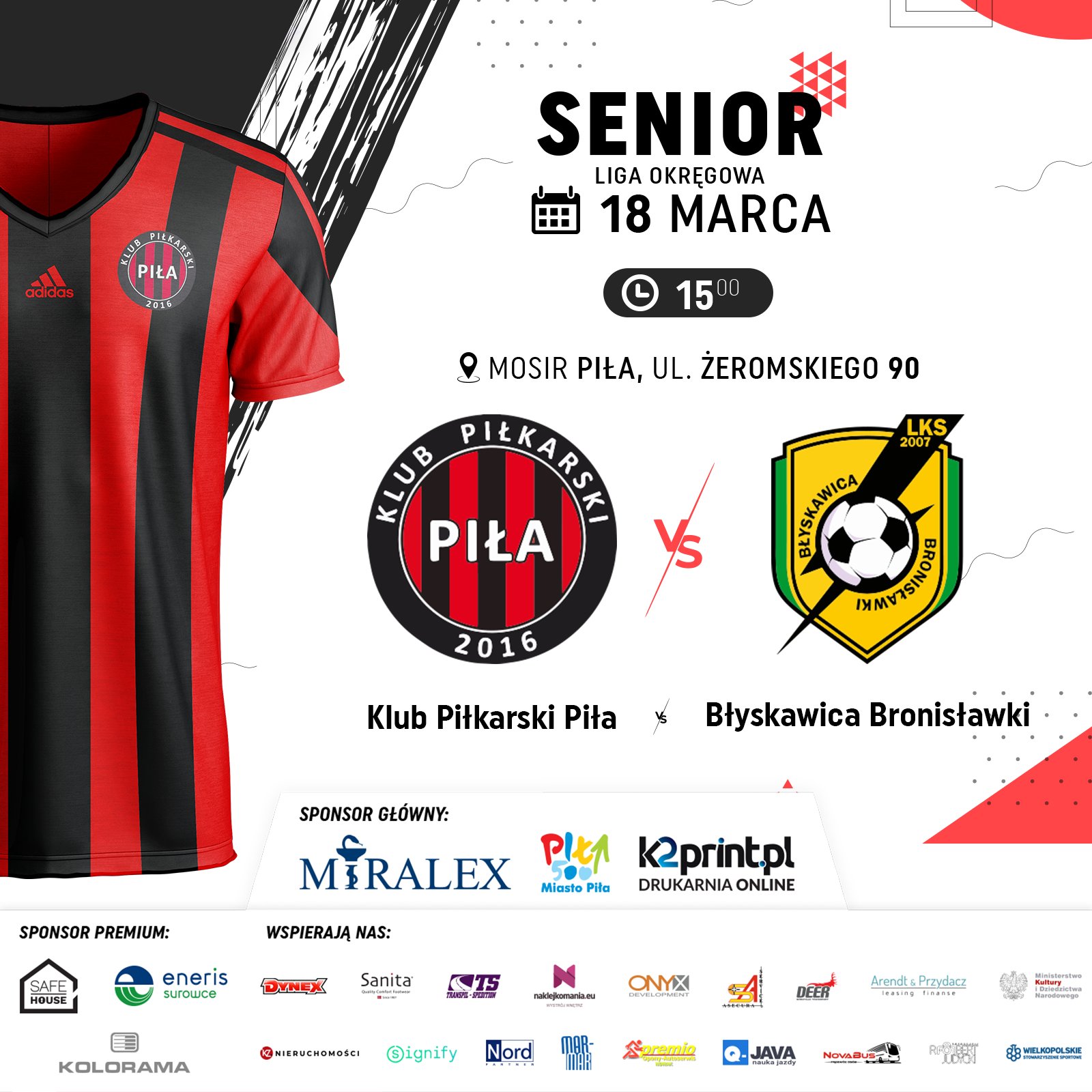 Mecz KP Piła vs. Błyskawica Bronisławki, SENIOR liga okręgowa 18 marca godzina 15.00, MOSiR Piła, ulica Żeromskiego 90.
