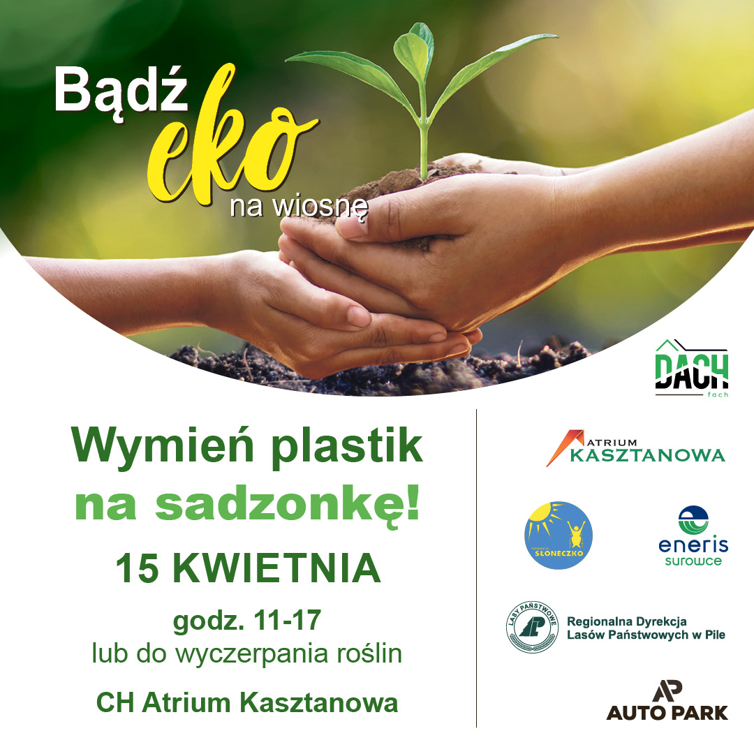 Bądź eko na wiosnę, dłonie 2 osób, jedna trzyma sadzonkę 