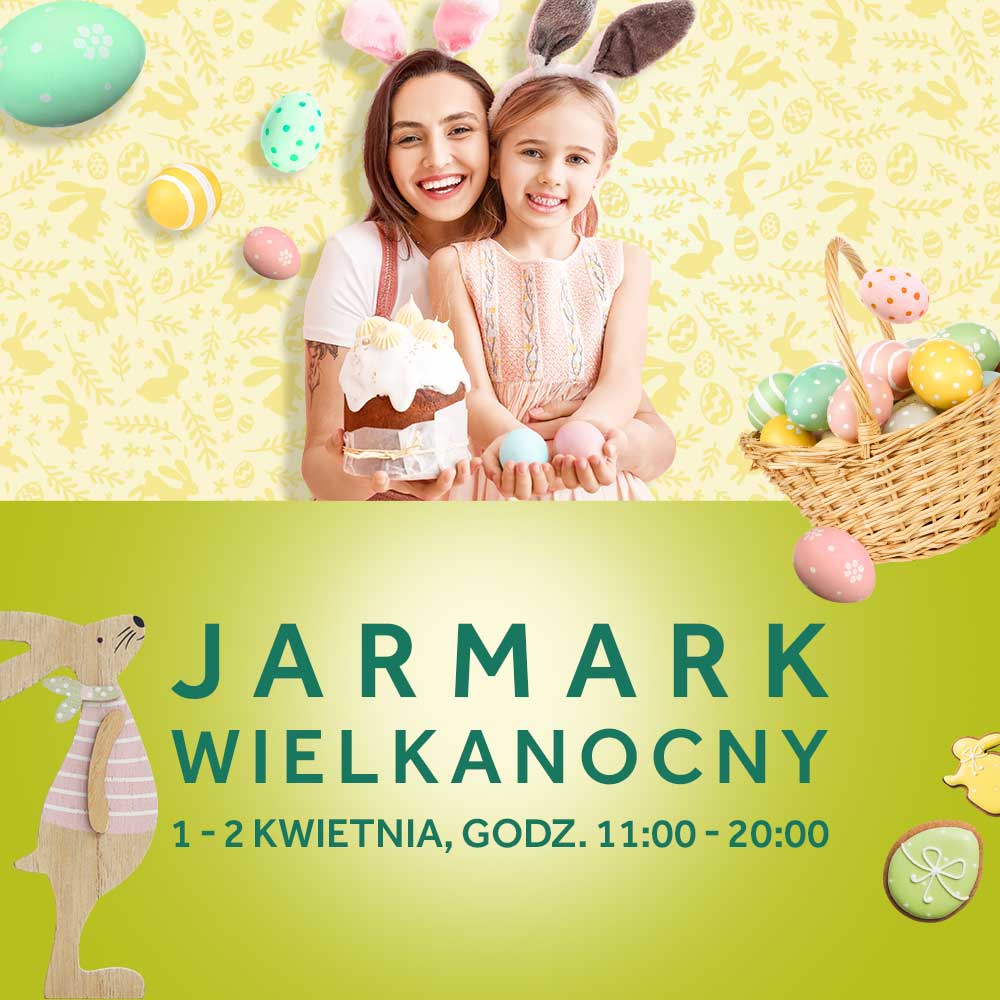 JARMARK WIELKANOCNY W ATRIUM KASZTANOWA Żółte tło we wzorki i kolorowe pisanki, kobieta i dziewczynka w opaskach z uszami zajączka, kobieta trzyma babkę, dziewczynka pisanki. Obok koszyk z pisankami. Treść: Jarmark Wielkanocny 1-2 kwietnia, godz. 11.00-12.00.